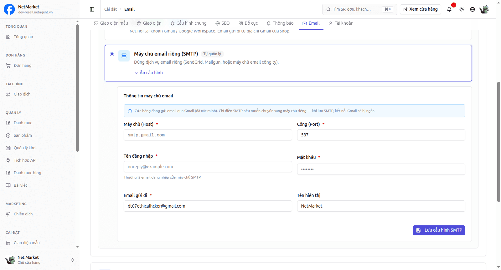 Hình 2: Bảng cấu hình SMTP khi dùng máy chủ email riêng