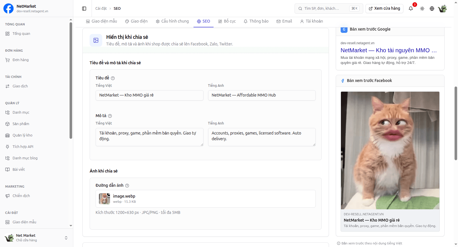 Hình 2: Xem trước cách cửa hàng hiển thị khi chia sẻ trên Google và Facebook