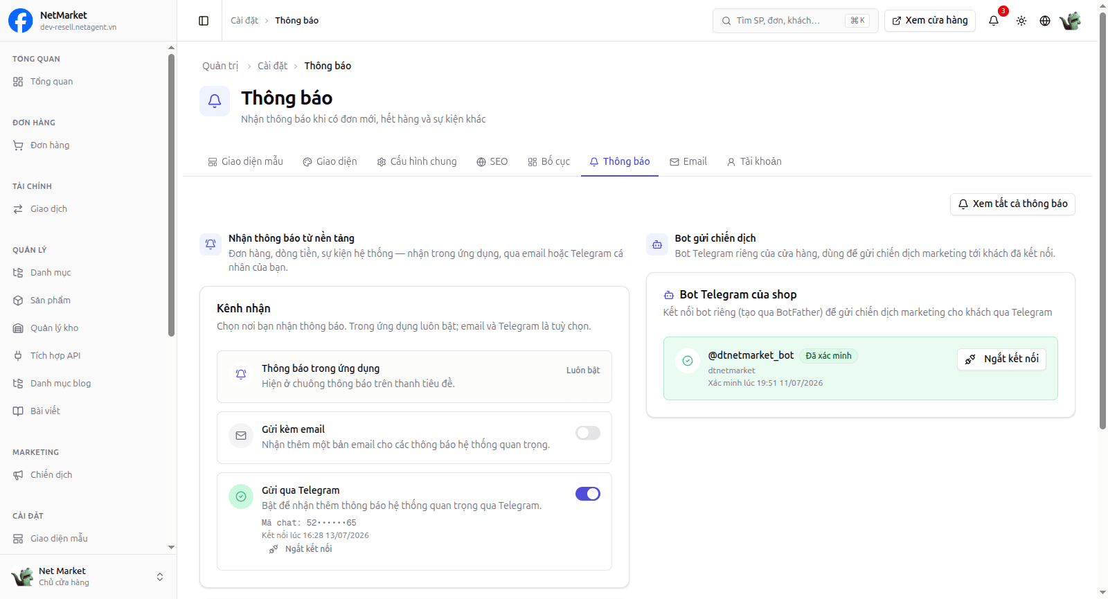Hình 1: Trang Thông báo — chọn kênh nhận và tắt bớt loại thông báo